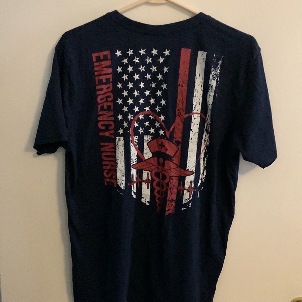 Emergency Nurse T-Shirt Mens Large Patriotic USA Flag Medical RN Graphic T Blue